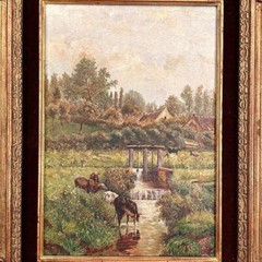 Signed Antique Oil on Canvas Painting- Farm with Stream & Cows. Dated 1918