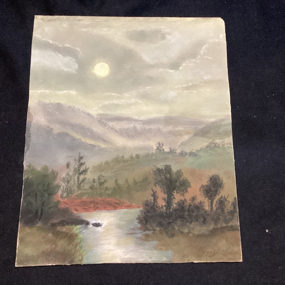 Antique Pastel Painting Mountain Landscape Moonlit Full Moon Hudson River School
