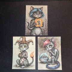 ACEO 2.5×3.5 watercolor painting – lot 15 – cat kitten surreal cute cozy tale