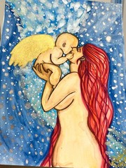 Watercolor Memorial Art Baby and Me Bereaved Mother Grief Artwork Blue Gold