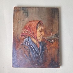 A. Bryan Wall Oil Painting Portrait Old Woman Smoking Pipe Wood Panel Pittsburgh