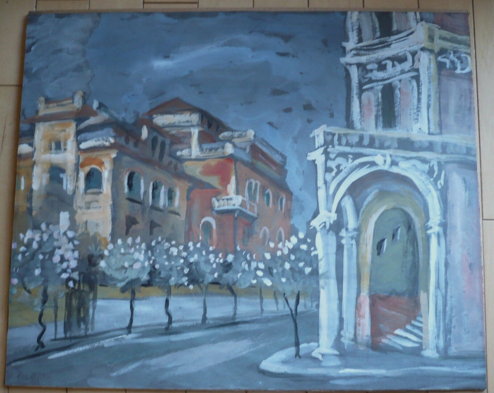 RELLA RUDULPH, LISTED ALABAMA MODERN MODERNISM MIXED MEDIA GOUACHE CITYSCAPE MOD