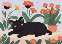 ACEO Mini *Art Print** Black Kitty Cat Kitten Among Flowers by Saulite
