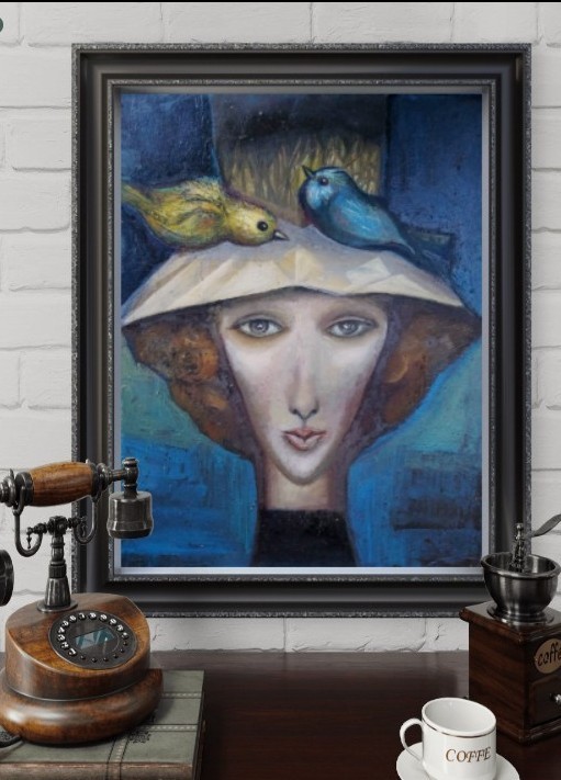 SUMMER. SURREALISM. Birds and a girl. Oil on cardboard.