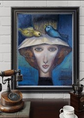 SUMMER. SURREALISM. Birds and a girl. Oil on cardboard.