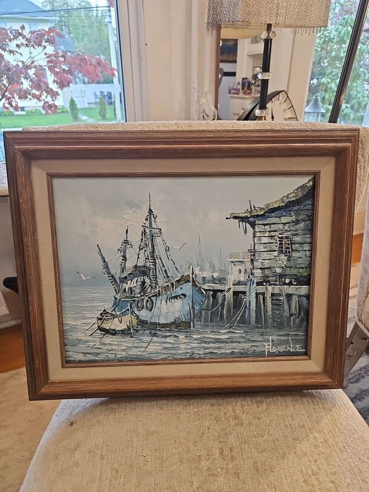 FLORENCE FISHING BOAT AT DOCK ORIGINAL OIL CANVAS SEASCAPE PAINTING FRAMED