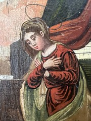Spanish Colonial Old Master Annunciation Virgin Oil on Board, Framed Painting
