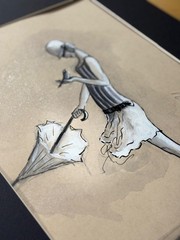 ‚Windy Day‘ Matted Nostalgic original watercolor/ ink Woman & Bird Illustration