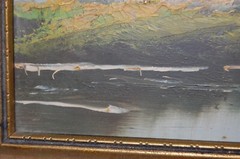 VINTAGE 1940-50’S FRAMED ORIGINAL OIL RUSTIC HOUSE AND RIVER SCENE ARTIST: FARID