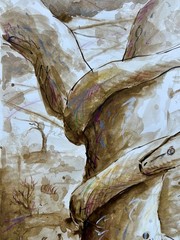 ORIGINAL WATERCOLOR SERPENT SNAKE on a TREE PAPER 11×17 By Monikachovanart