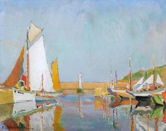 Framed Landscape Oil Painting, Port View Boats Lorient Bretagne FERNAND JEANNEAU