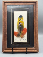 Vintage 1999 Hand Painted Parrot Feather Art Signed by Artist