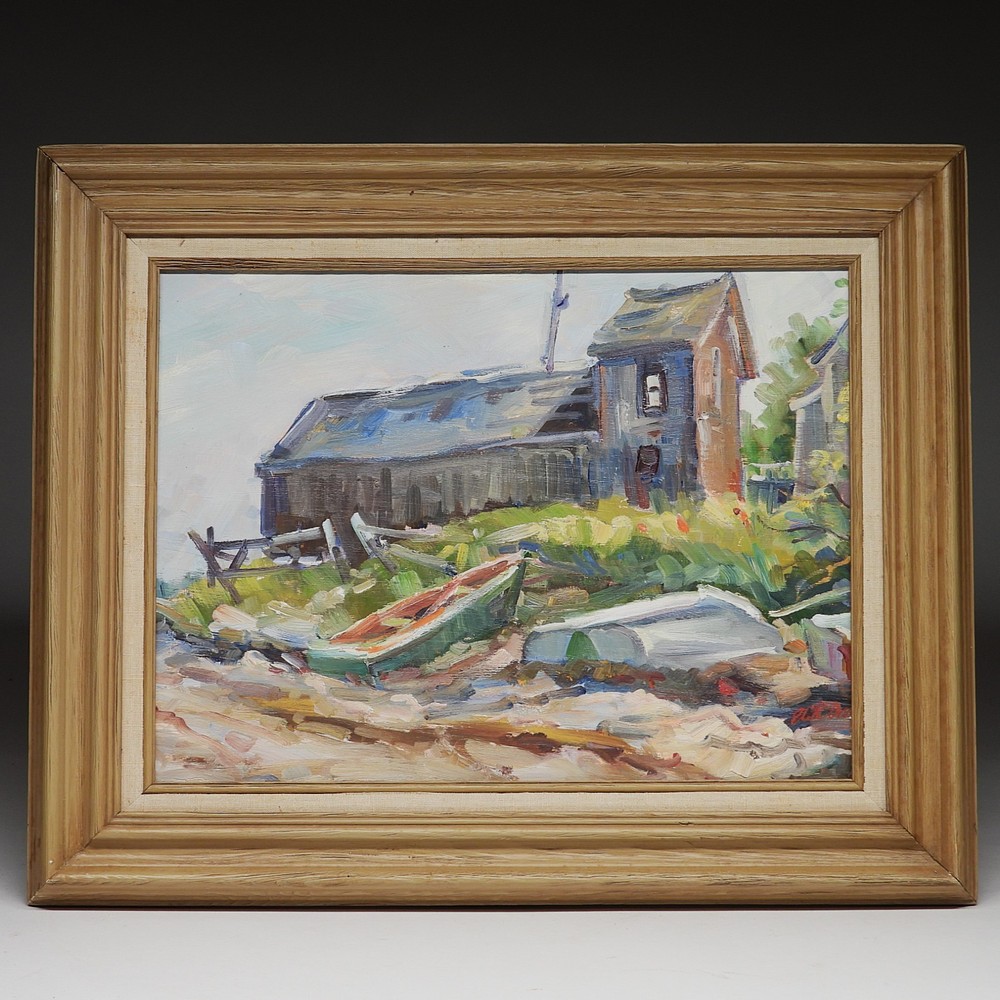 Elise Davis Pieropan New England Coastal Boat House & Row Boats O/B Painting