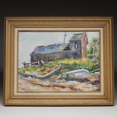 Elise Davis Pieropan New England Coastal Boat House & Row Boats O/B Painting