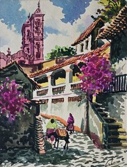 Vintage Watercolor Painting 13 X 17 Town Cobblestone
