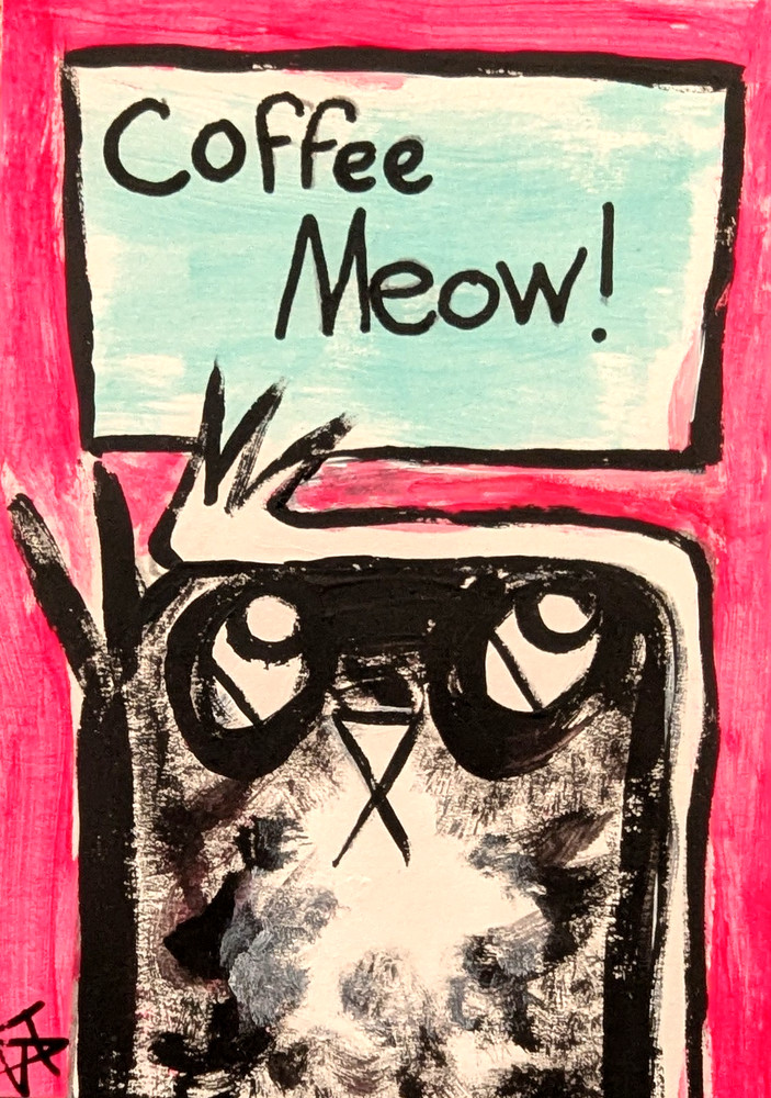 ACEO Original Cat Painting Collectible Modern Coffee Folk Art By Samantha McLean