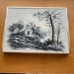 Melton Signed Oil Painting Canvas Country Cottage Forest Lake Water Cabin 16×12