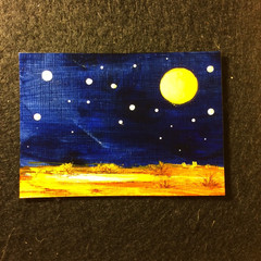 ACEO Original Acrylic Landscape Painting Mojave Desert Night Blue Sky Stars #2