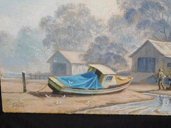 Golding Father Son Fishing Boat Stream Painting Original Art on Board Signed