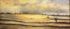Fine Antique Vermont American School Tonalist Oil Painting Sunset Harbor Signed