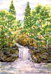 Waterfall Forest Landscape Original ACEO Mixed Media Illustration amylenore
