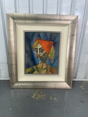 Yuroz “Woman In Red Scarf II” Original Oil on Panel Cubist Painting Framed 2003