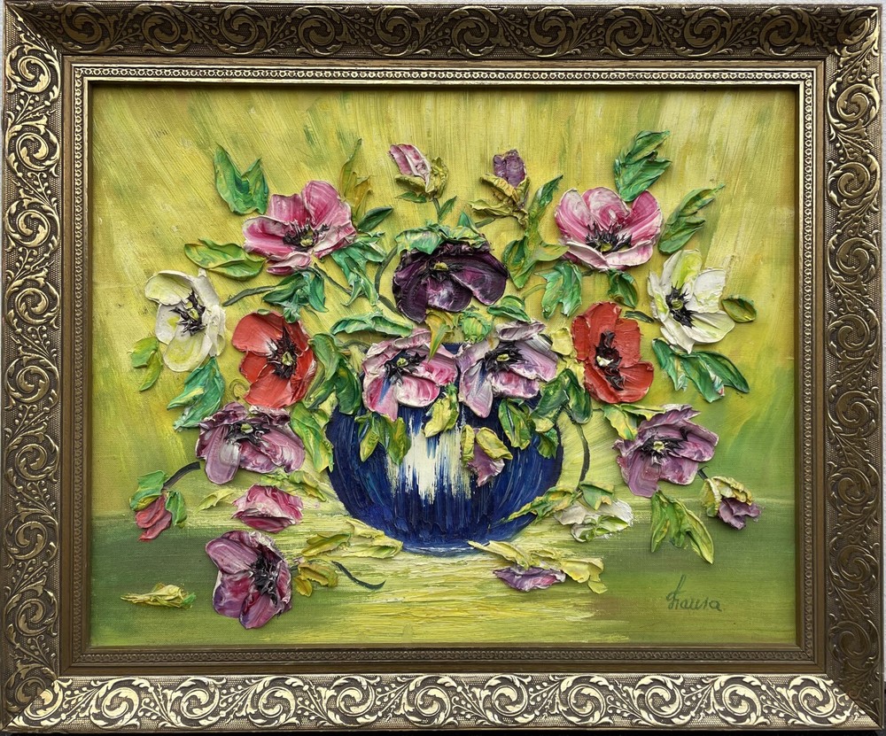 Unknown Expressionist Flower Still Life Oil Painting Impasto Vintage 59X49Cm