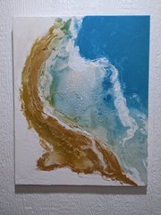 Sand and Sea highly textured acrylic 16″x20″x1/2″ Can you see the dolphin?