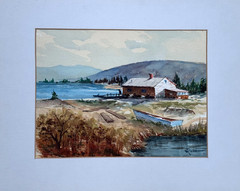 H.F. MILLER VINTAGE WATERCOLOR PAINTING MAN EXITING CABIN BY RIVER LANDSCAPE ART