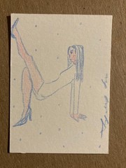 ACEO original art fashion blue kick pose colored pencil 2.5×3.5 by sydsfineart