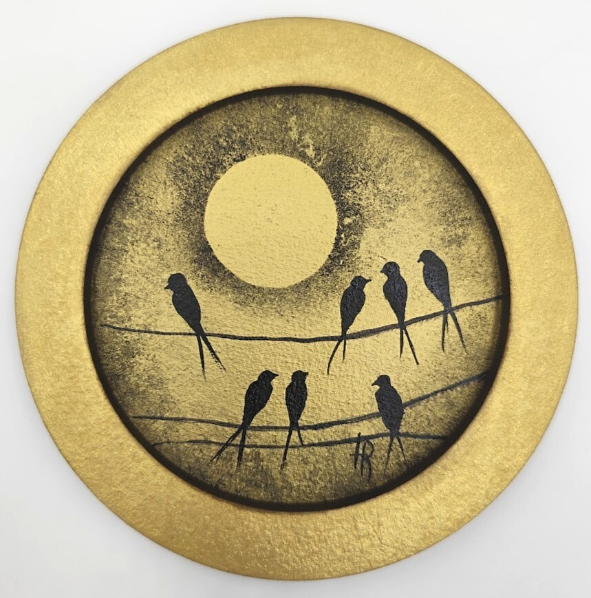 Original Oil Painting 4×4 in Framed Signed Little Birds Gold Home Decor