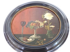 Vintage 1929 Fruit Still Life Oil Painting Antique Oval Wood Gesso Black Frame