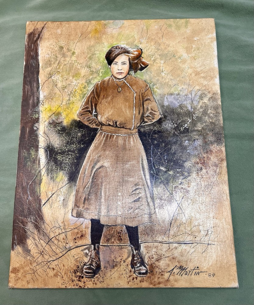 J. Martin 1984 Painting Beautiful Lady Wearing Travel Clothing On Canvas