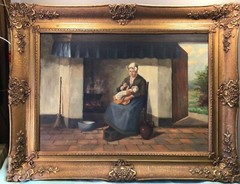 Signature Illegible Dutch Circa 1850s Mother And Child Framed Oil Painting