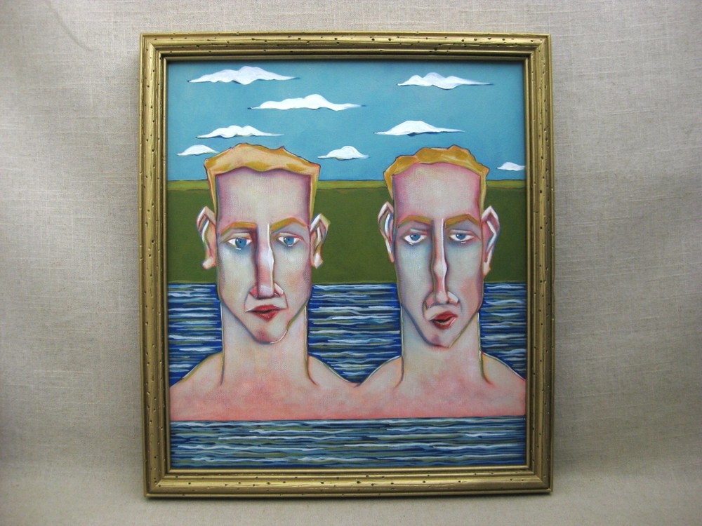 Surreal Male Twin Portrait Painting, Original Framed Wall Art Masculine