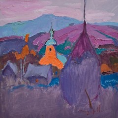 With the Church, 39×40 cm, Cardboard, Painting by Shandor Alexander