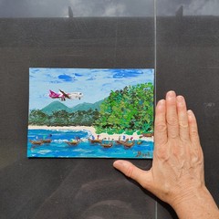 Airplane Painting Beach Boats Original Art Tropical Seascape Sky Coastal Artwork