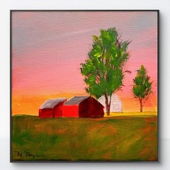 Mary Myers Original Abstract Expressionism 10×10 Red Barn Farm Sunset Landscape