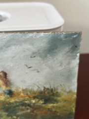 Vintage Mini Oil Painting on Masonite Board Signed „Keuga(?)“ Girl in Field