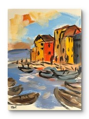 Original Mediterranean Harbor Painting 9×12 Paper Expressionist Art Color Study