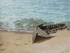 Abandoned Boat Oil Painting Original Seascape Beach Wall Art Sailboat Ocean Sky