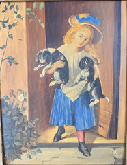 Antique 1883 Oil Painting Girl Spaniel Puppies Victorian Wood Panel Walnut Frame