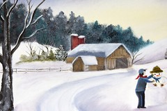 18″ Oil Painting Canvas Lea Mikel Winter Time Landscape Snowman Rustic Decor #46