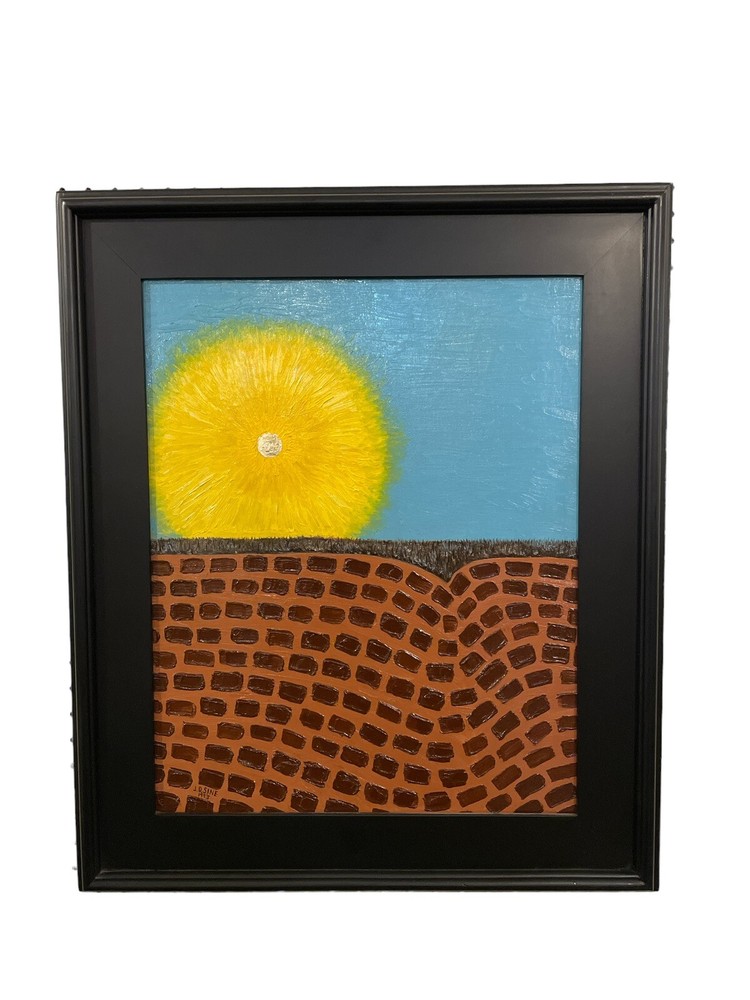 Signed J. D. Sine 1993 Oil On Canvas Outsider Art Of A Sun 26” X 22” X 1 1/2”