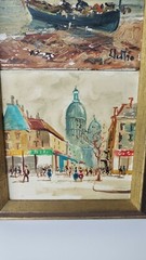 Cityscape Seascape Signed Scene Oil Ceramic Art Tile Triptych 3 Artists Vtg