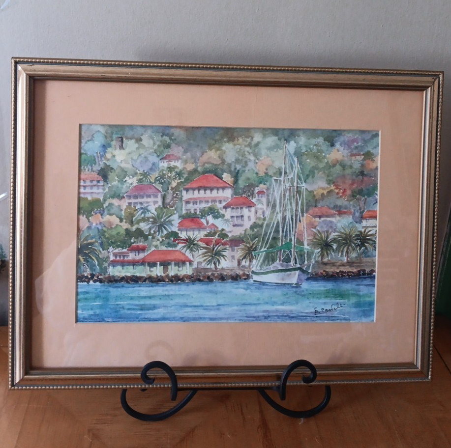 Framed Signed E. Castelli Island Seascape Watercolor Painting 19.5″ x 15″