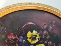Vintage Pansies Oil Painting Oval Gold Frame Signed D.A. Turner
