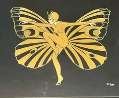 VTG Original Di Kaye ART DECO BUTTERFLY LADY erte Style Watercolor 22×25” Framed