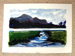 Original watercolor tonalist painting on paper ACEO art mountains Tarrantts