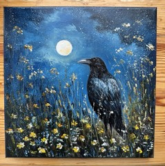 Raven Original Oil Painting Black Crow painting Crow Wall Art Bird Impasto Art